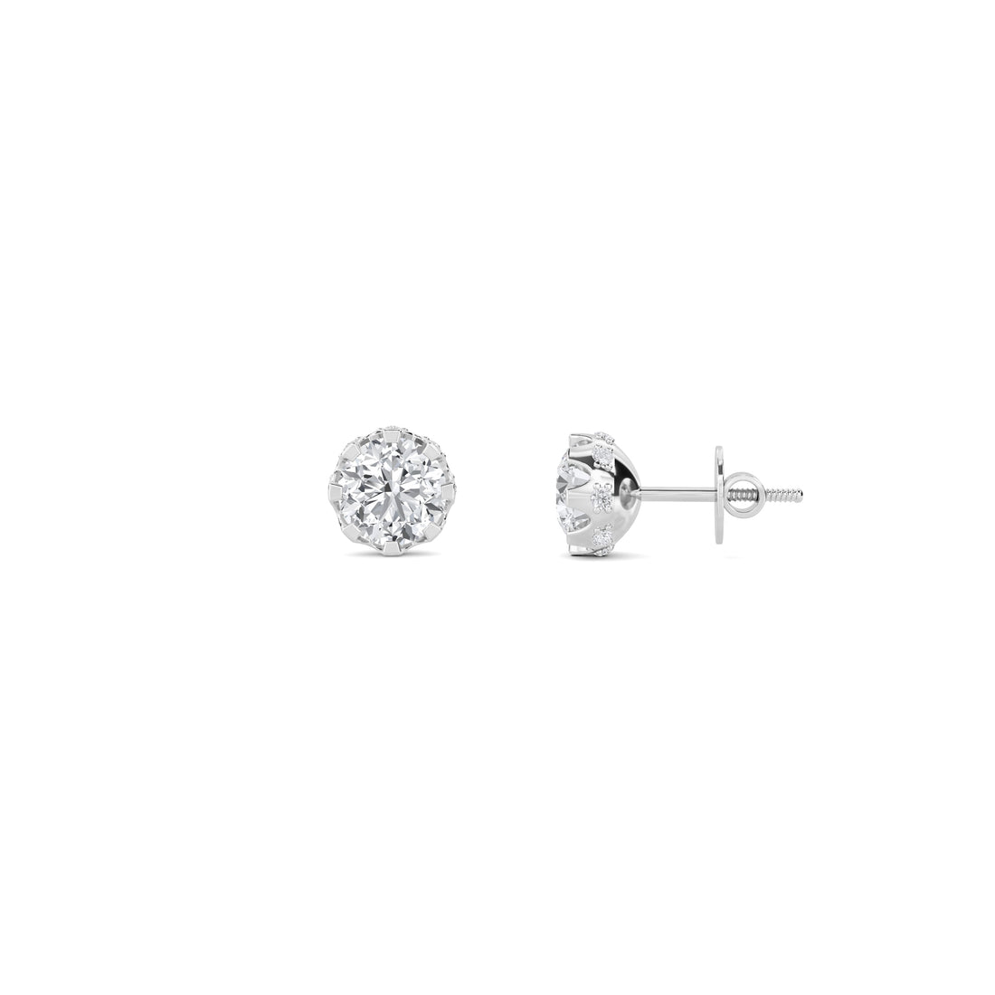 Round Crown Halo Lab Grown Diamond Stud Earrings (Silver)
