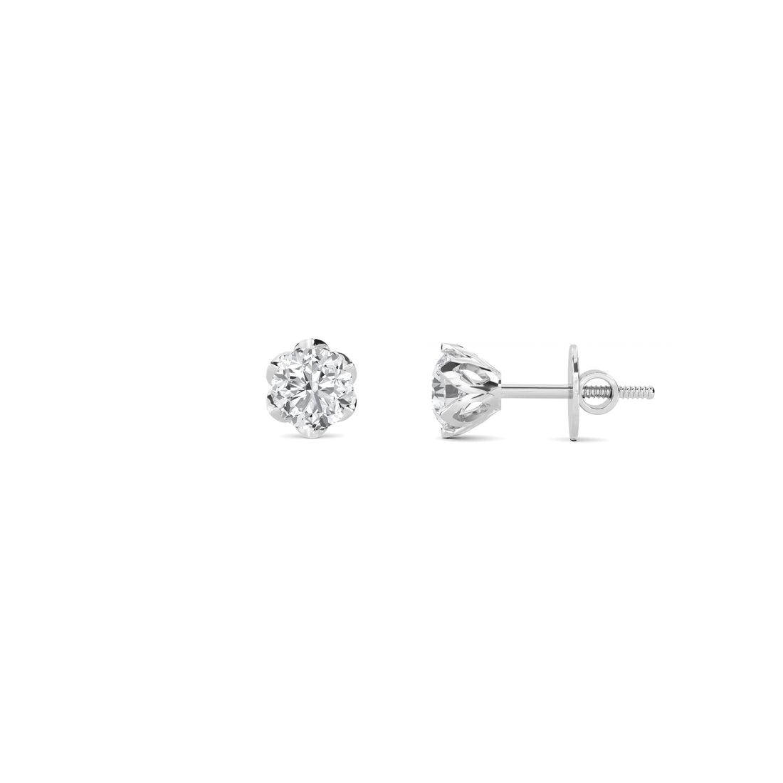 Round Six Petal Solitaire Lab Grown Diamond Stud Earrings (Silver)