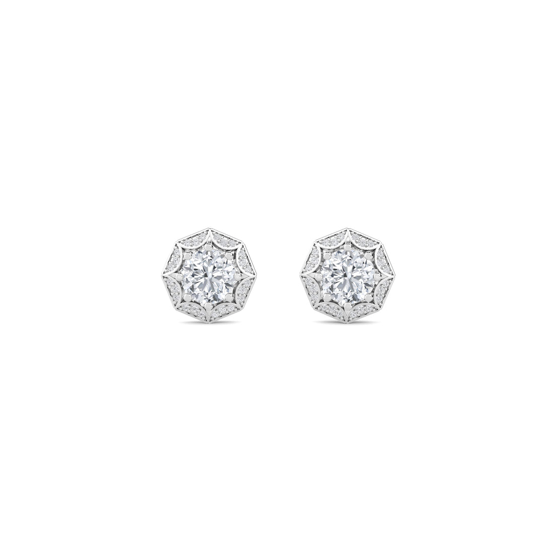 Round Octagon Starburst Halo Lab Grown Diamond Stud Earrings (Silver) - image 1