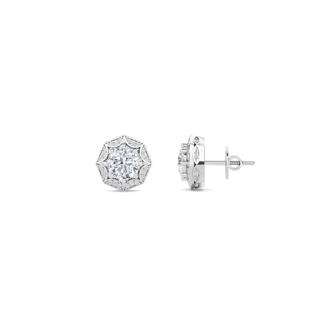 Round Octagon Starburst Halo Lab Grown Diamond Stud Earrings (Silver)