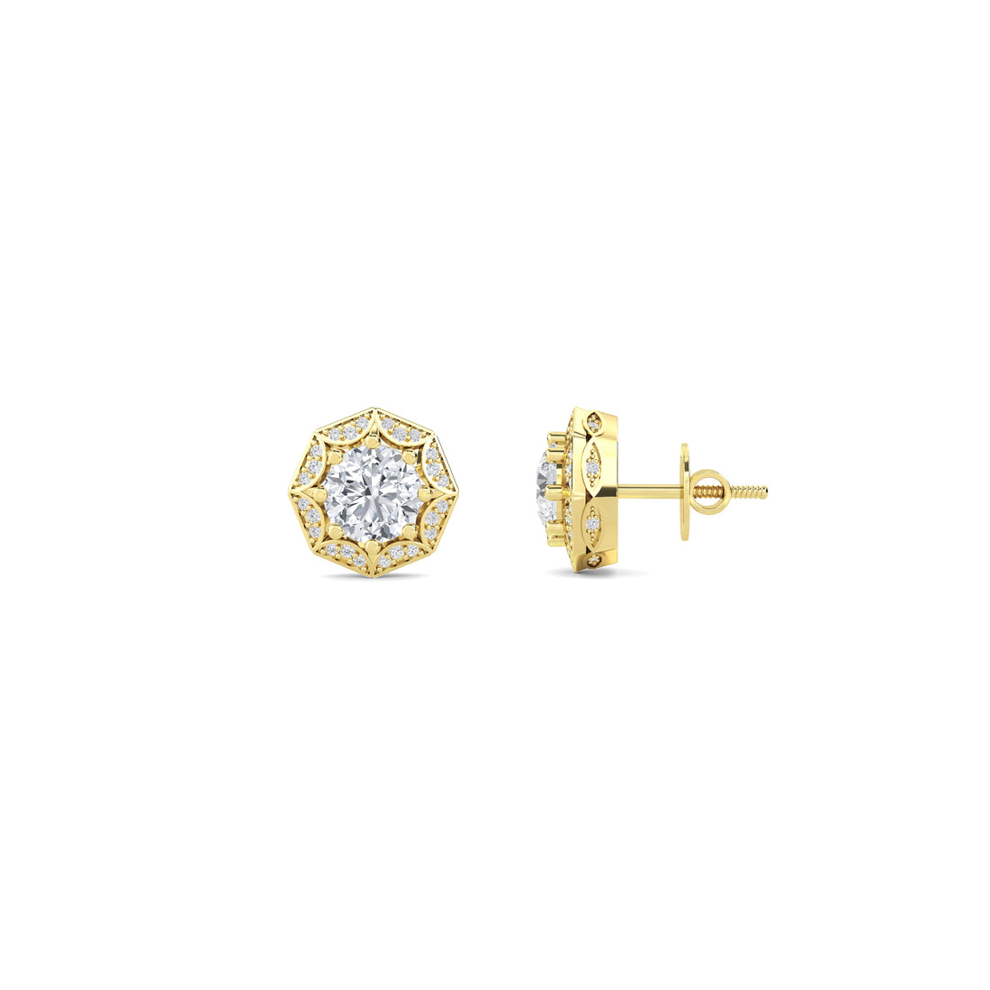 Round Octagon Starburst Halo Lab Grown Diamond Stud Earrings