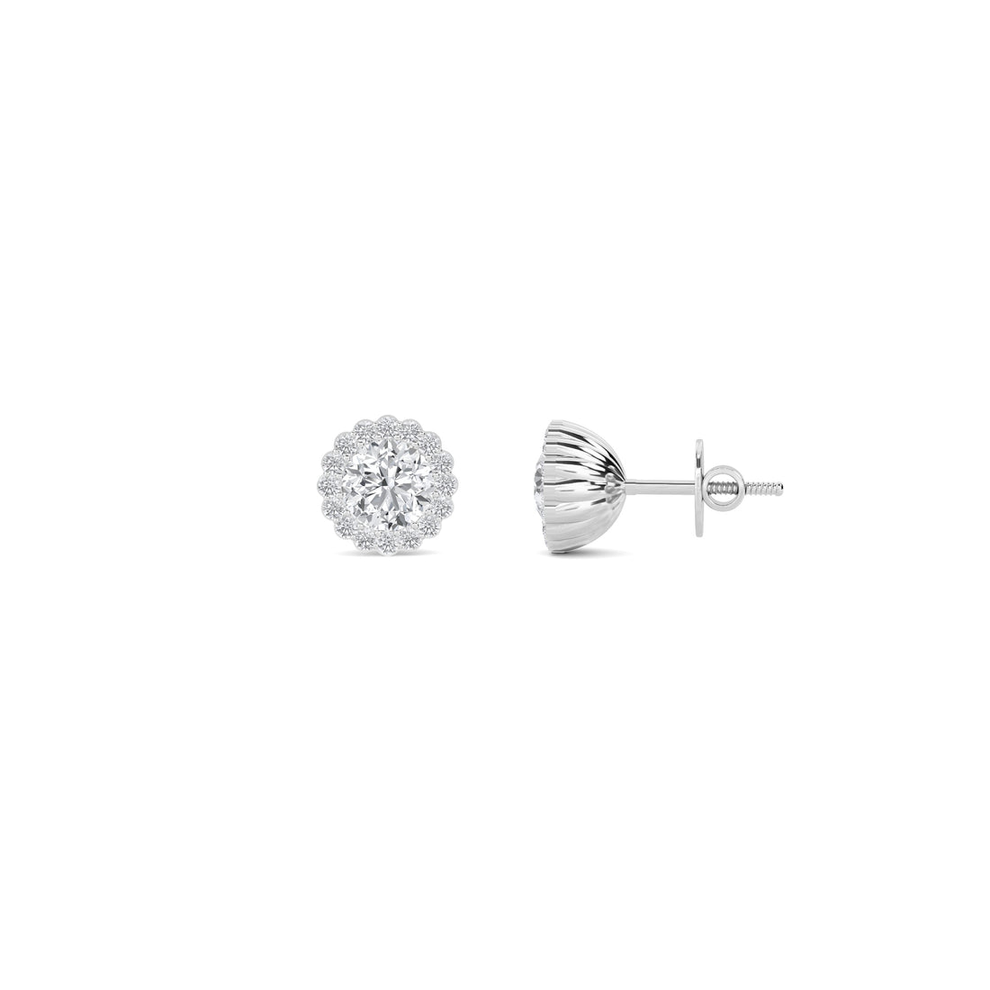 Round Scalloped Flower Halo Lab Grown Diamond Stud Earrings (Silver)