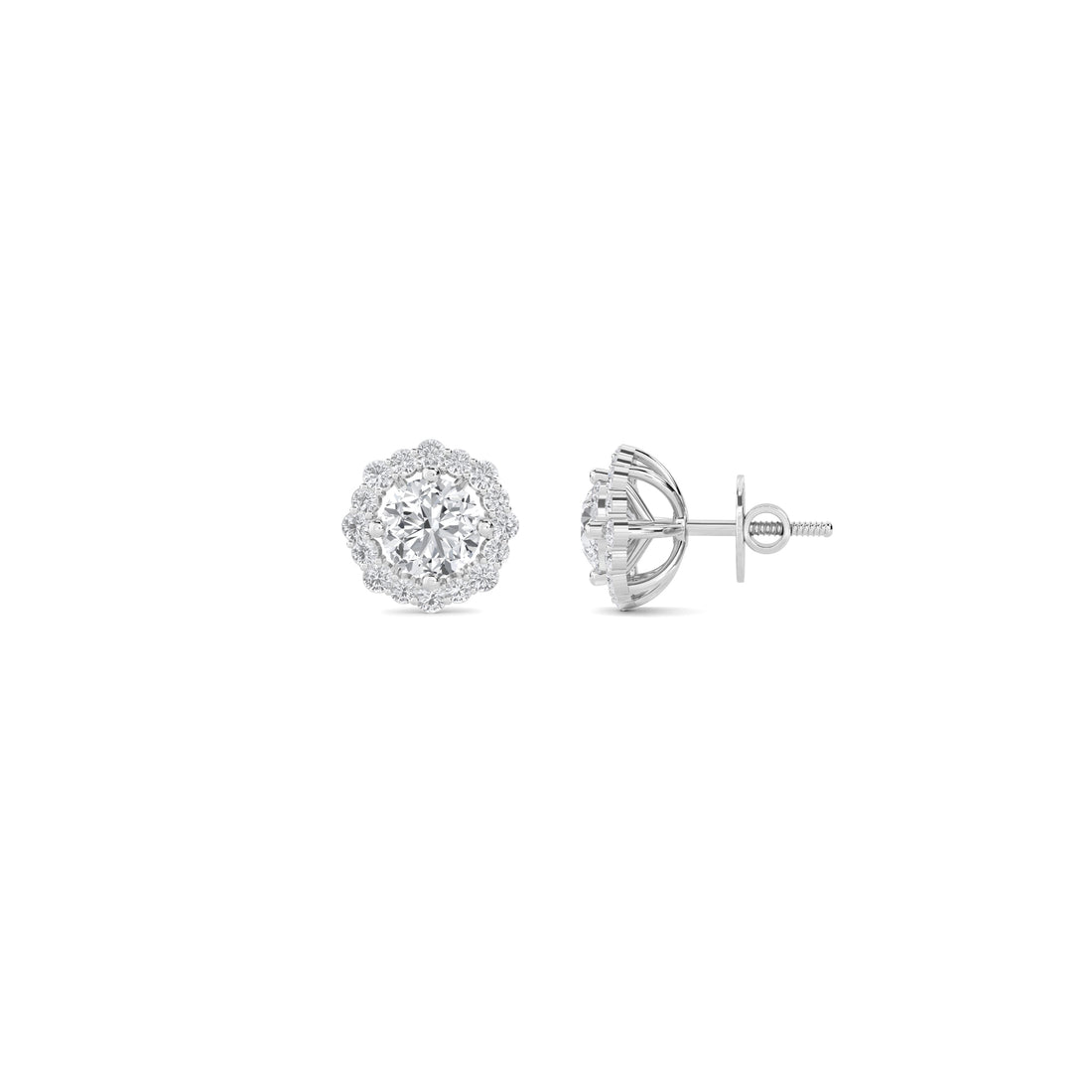 Round Pave Cluster Halo Lab Grown Diamond Stud Earrings (Silver)
