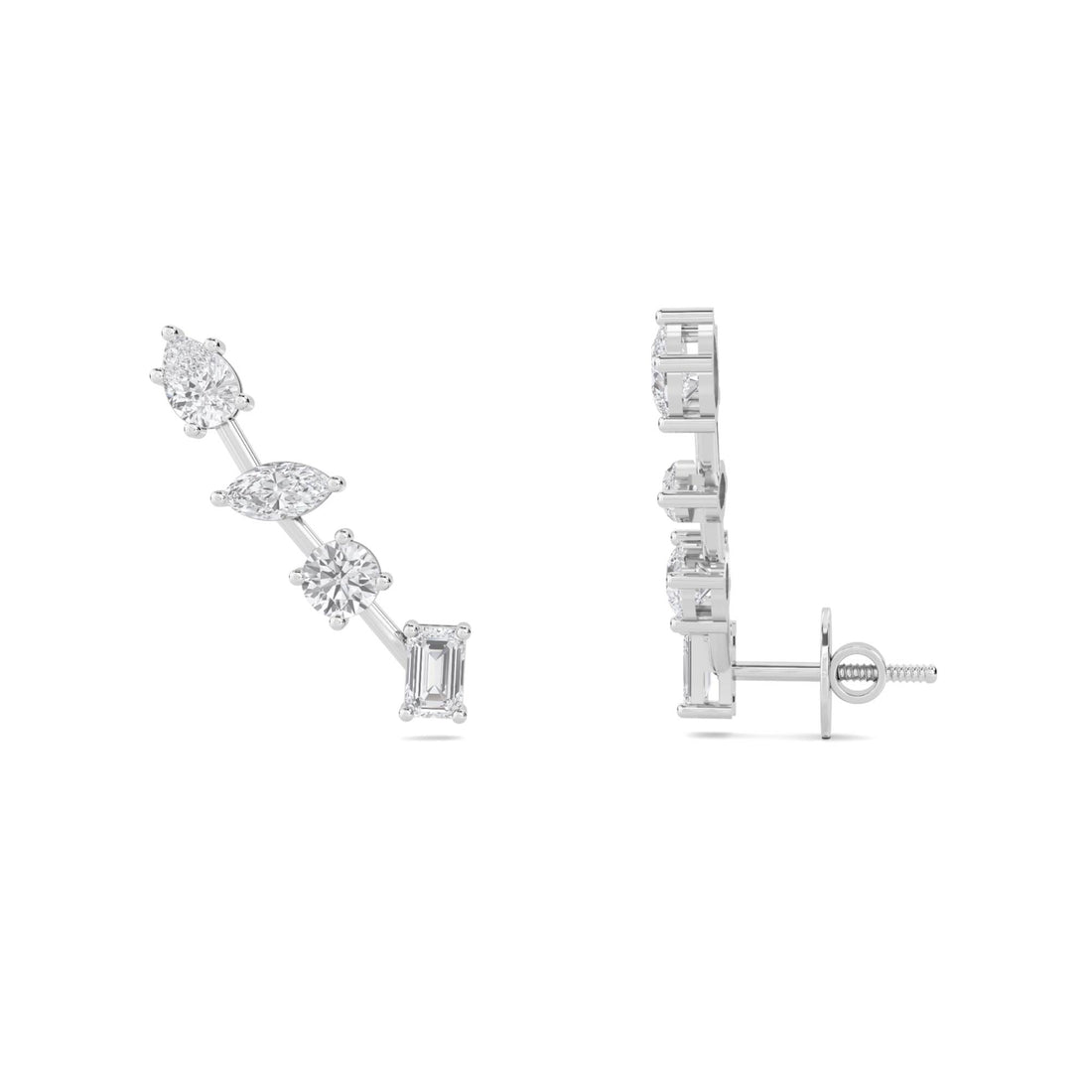 Mixed Cut Diamond Ear Climber Earrings (Silver)