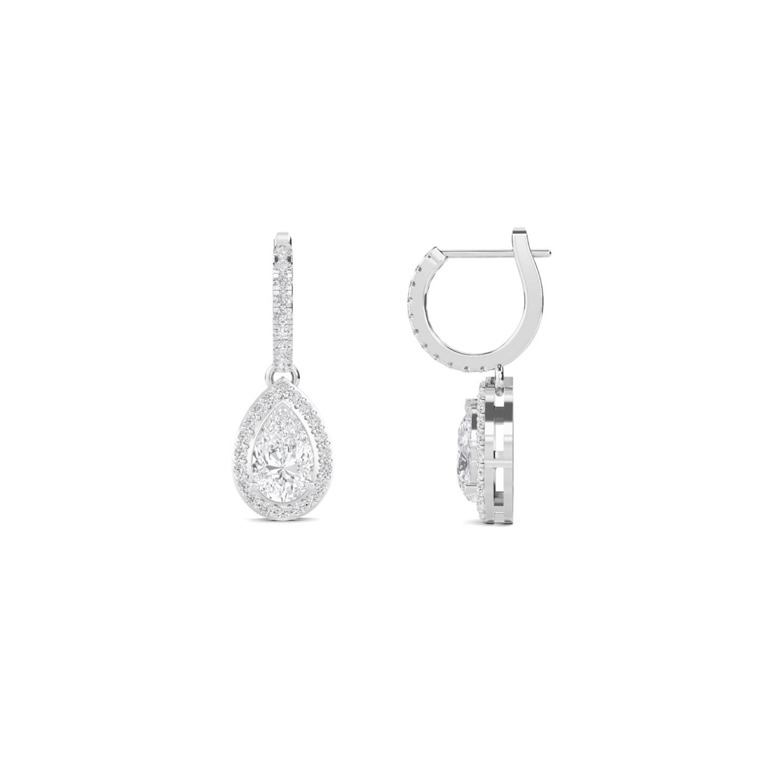 Pear Halo Diamond Huggie Drop Earrings (Silver)