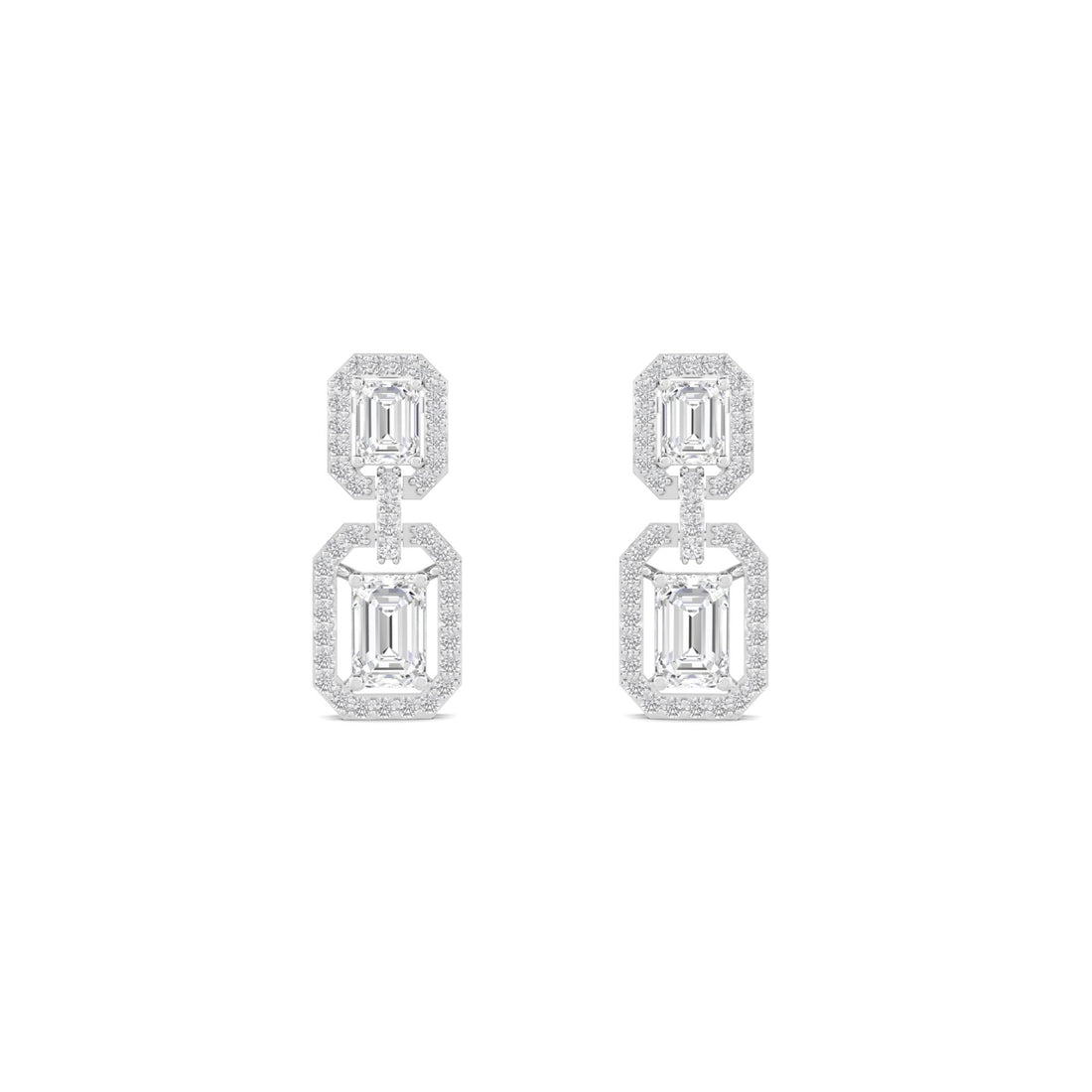 Emerald Cut Halo Diamond Drop Earrings (Silver)