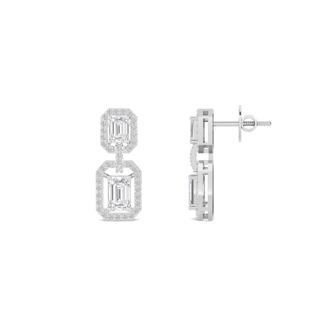 Emerald Cut Halo Diamond Drop Earrings (Silver)