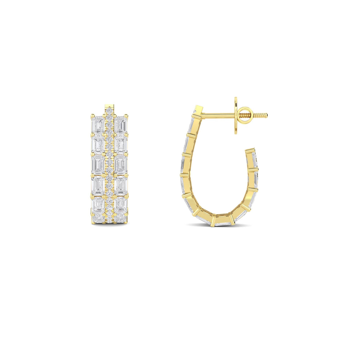 Baguette Diamond Huggie Hoop Earrings in yellow gold tone