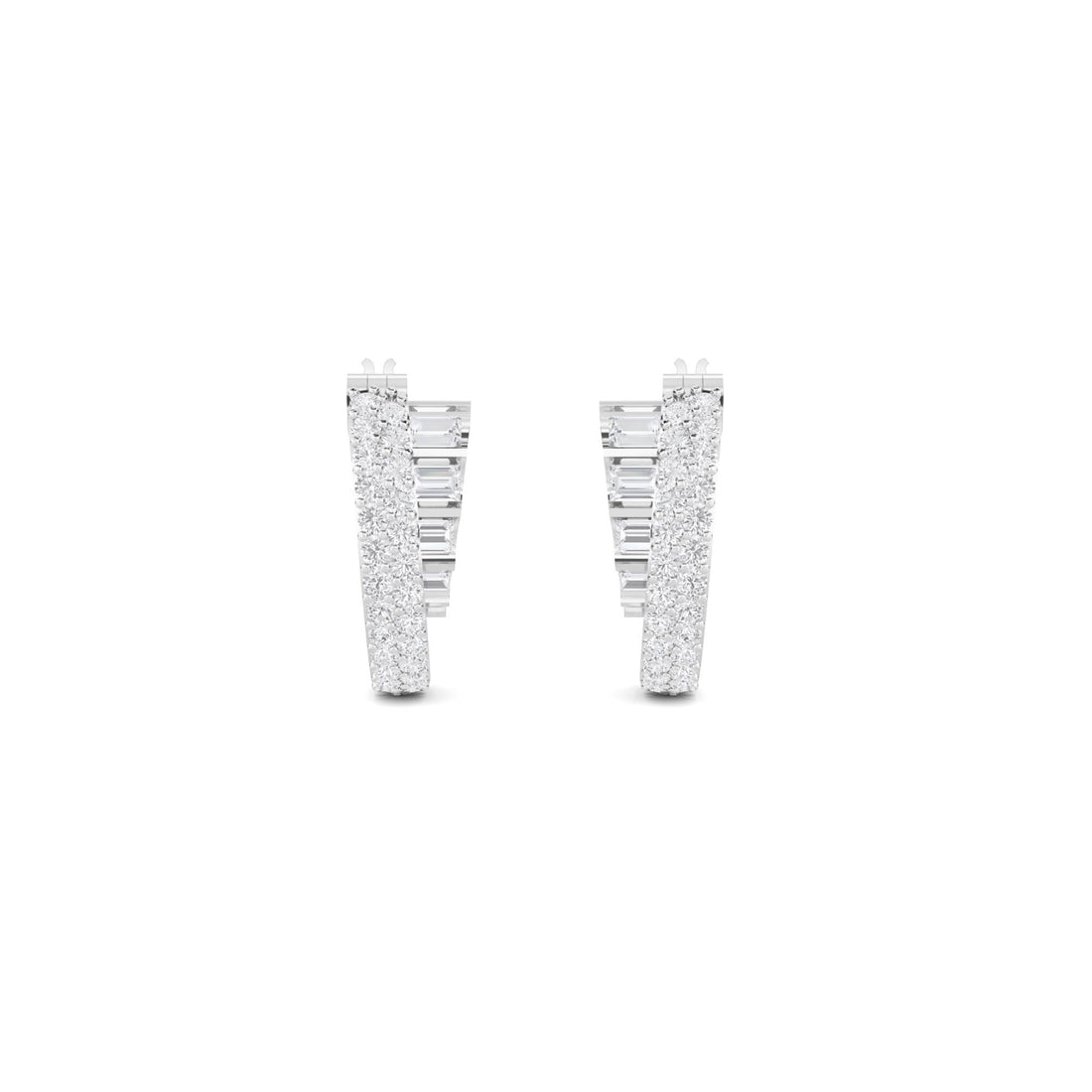Baguette Pave Split Huggie Earrings in white metal tone