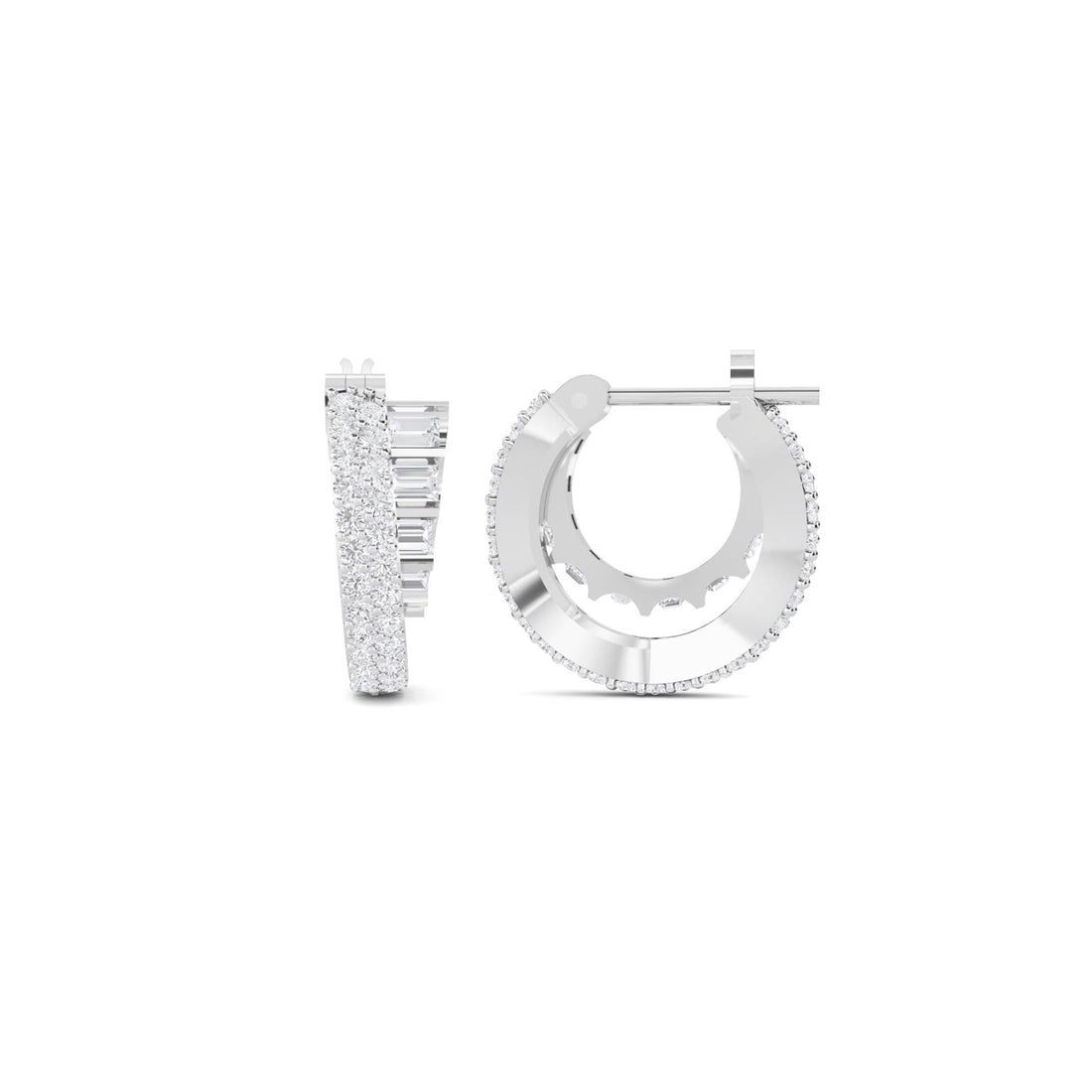 Baguette Pave Split Huggie Earrings in white metal tone