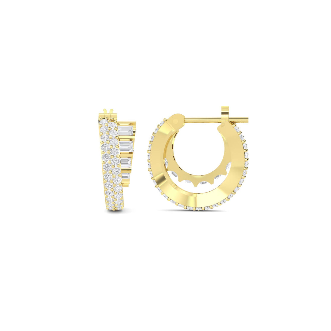 Baguette Pave Split Huggie Earrings in yellow gold tone