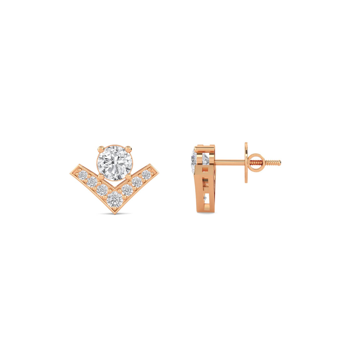 Chevron Round Diamond Stud Earrings in rose gold tone
