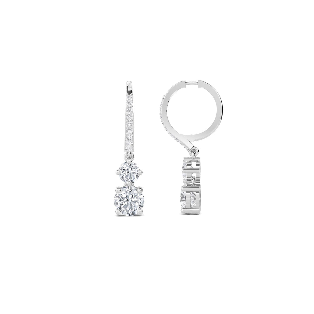 Round Diamond Duo Huggie Drop Earrings in white metal tone