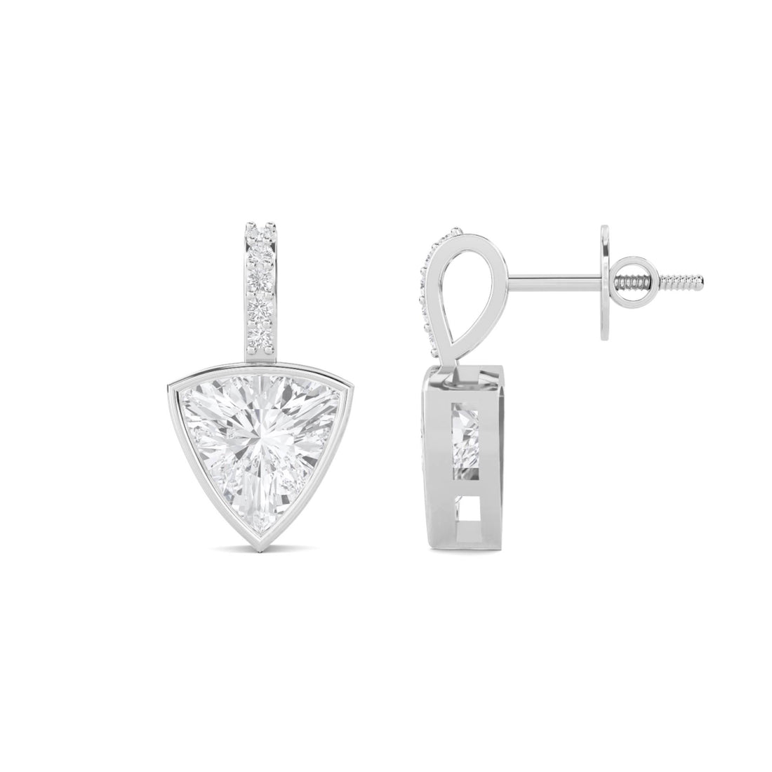 Trillion Cut Diamond Bezel Drop Earrings (Silver)