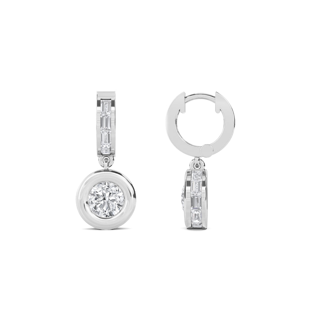 Baguette Huggie Bezel Drop Lab Grown Diamond Earrings (Silver)
