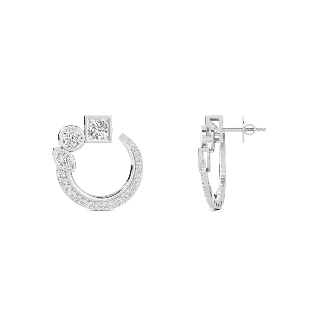 Princess Bezel Open Hoop Earrings (Silver)