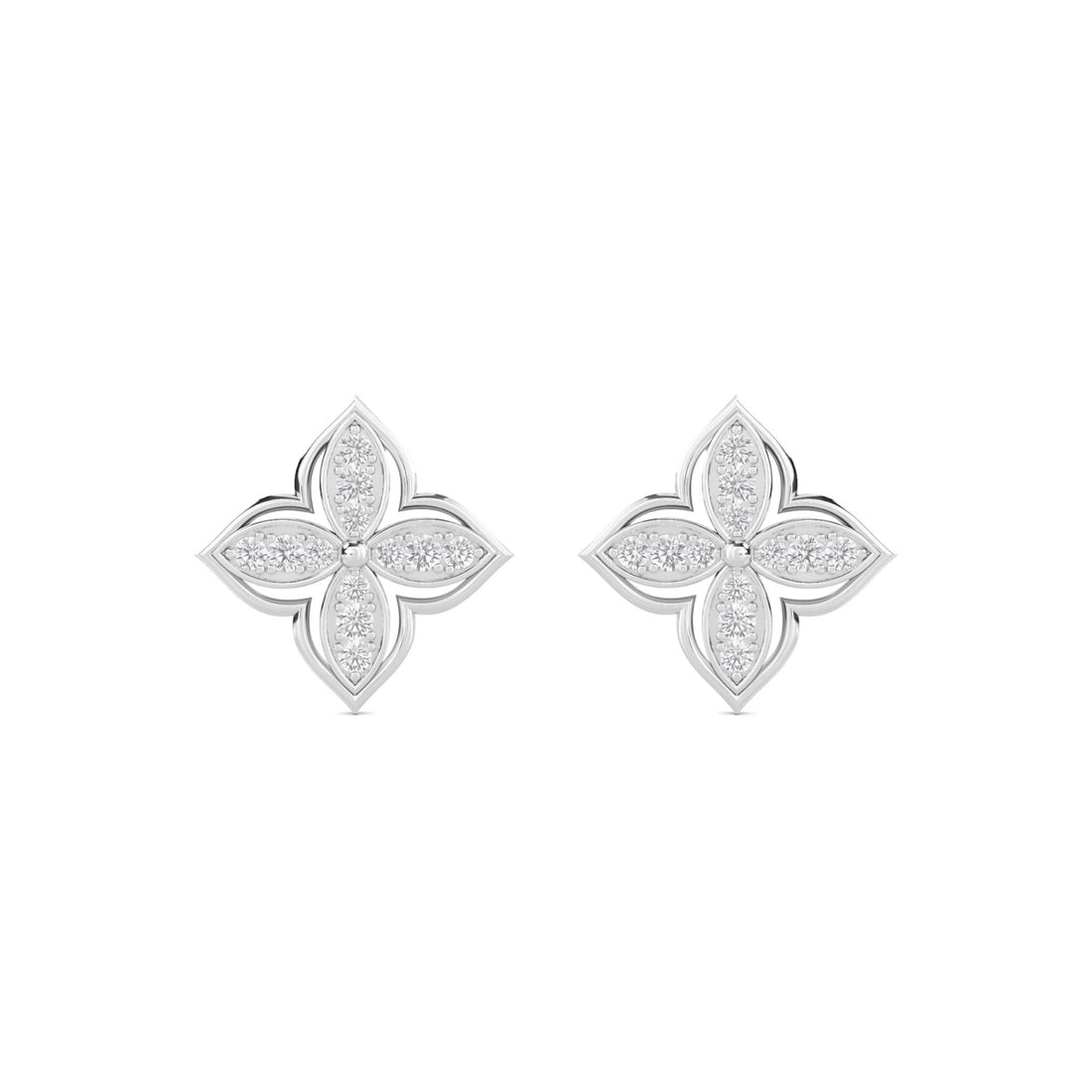 Four Petal Diamond Flower Stud Earrings (Silver)