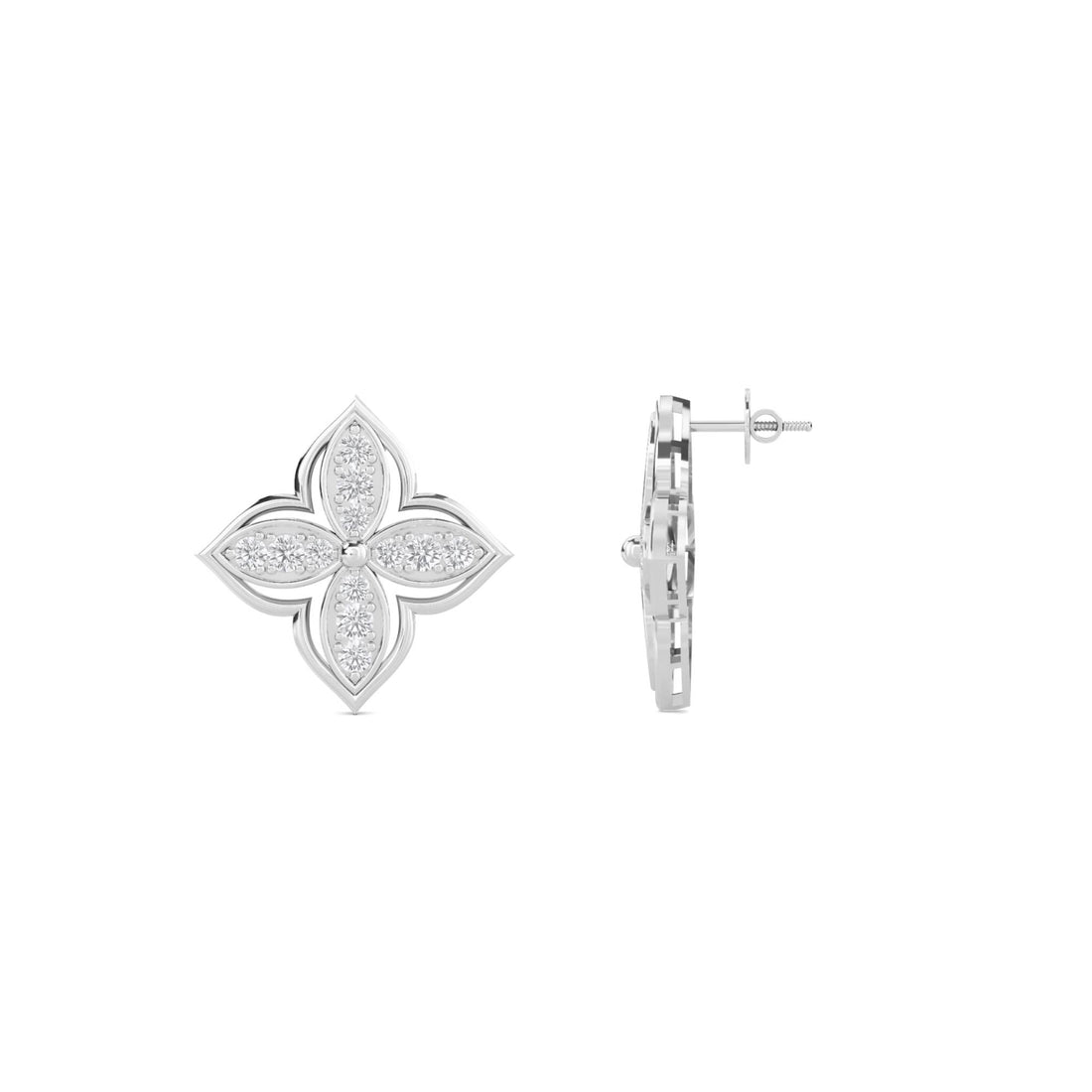Four Petal Diamond Flower Stud Earrings (Silver)