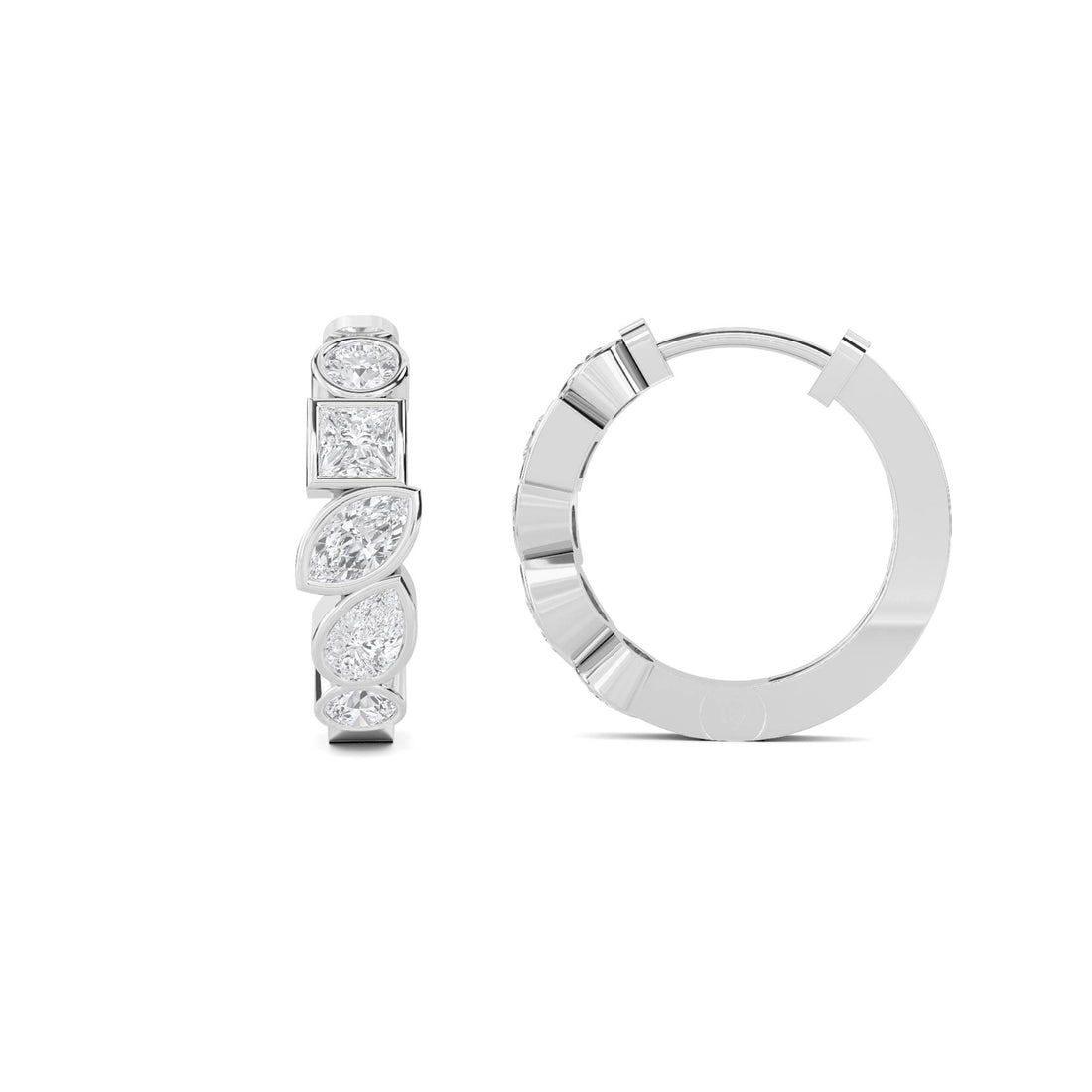 Mixed Shape Bezel Huggie Hoop Lab Grown Diamond Earrings (Silver)