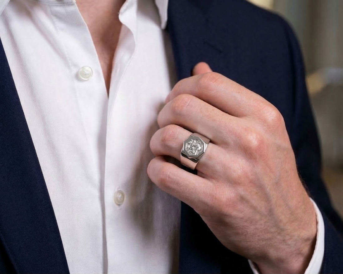 Forever One Round Diamond Hexagon Shape Mens Ring (Silver)