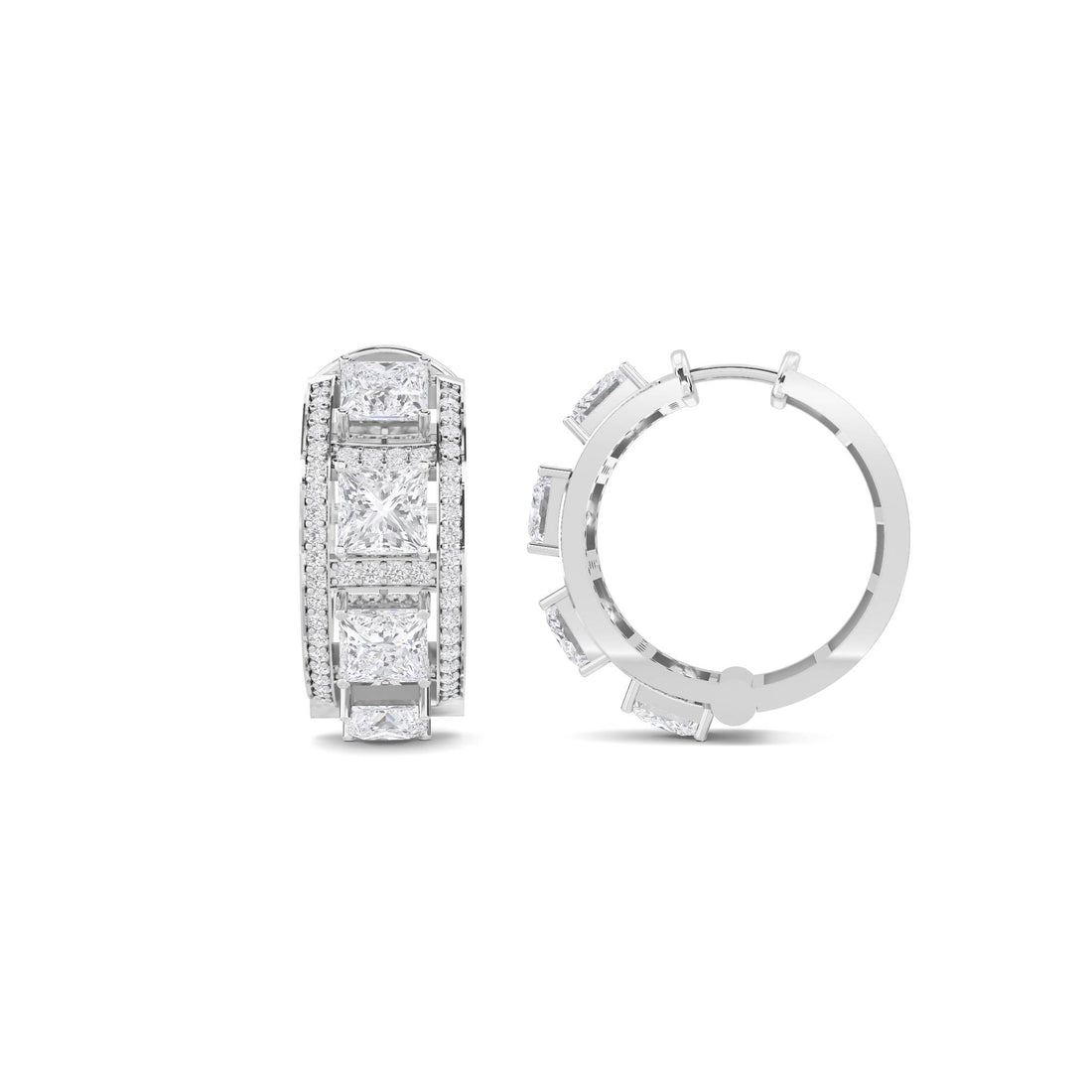 Princess Cut Diamond Huggie Hoop Earrings in white metal tone
