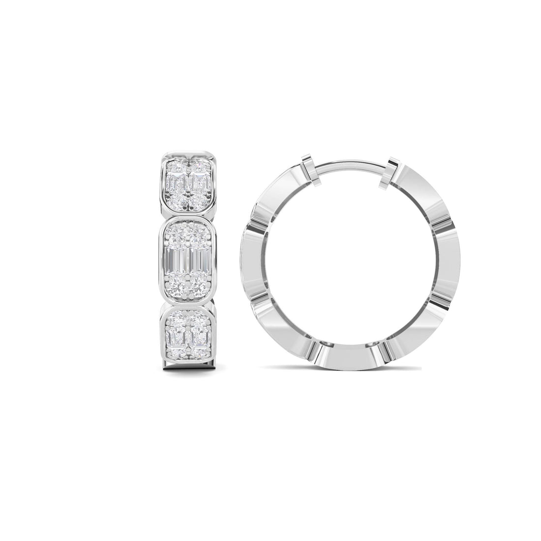 Baguette Emerald Cut Cluster Huggie Earrings (Silver)