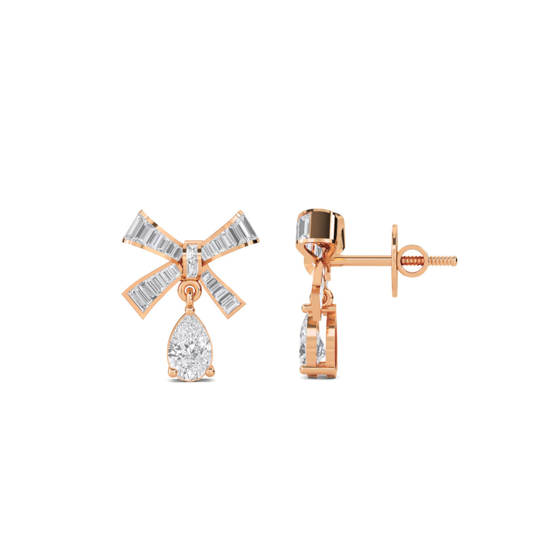 Baguette Bow Drop Earrings in rose gold tone