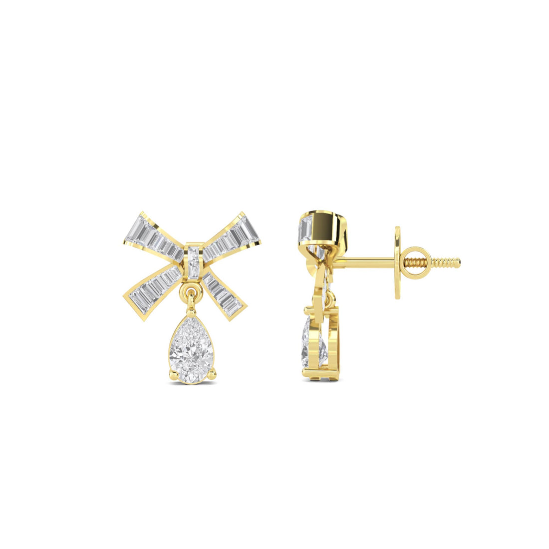 Baguette Bow Drop Earrings in yellow gold tone