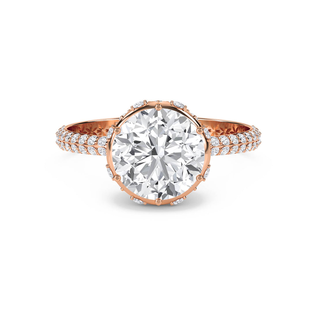 Round Diamond Halo Ring with Pavé Shank - Rose Gold - Pose 1