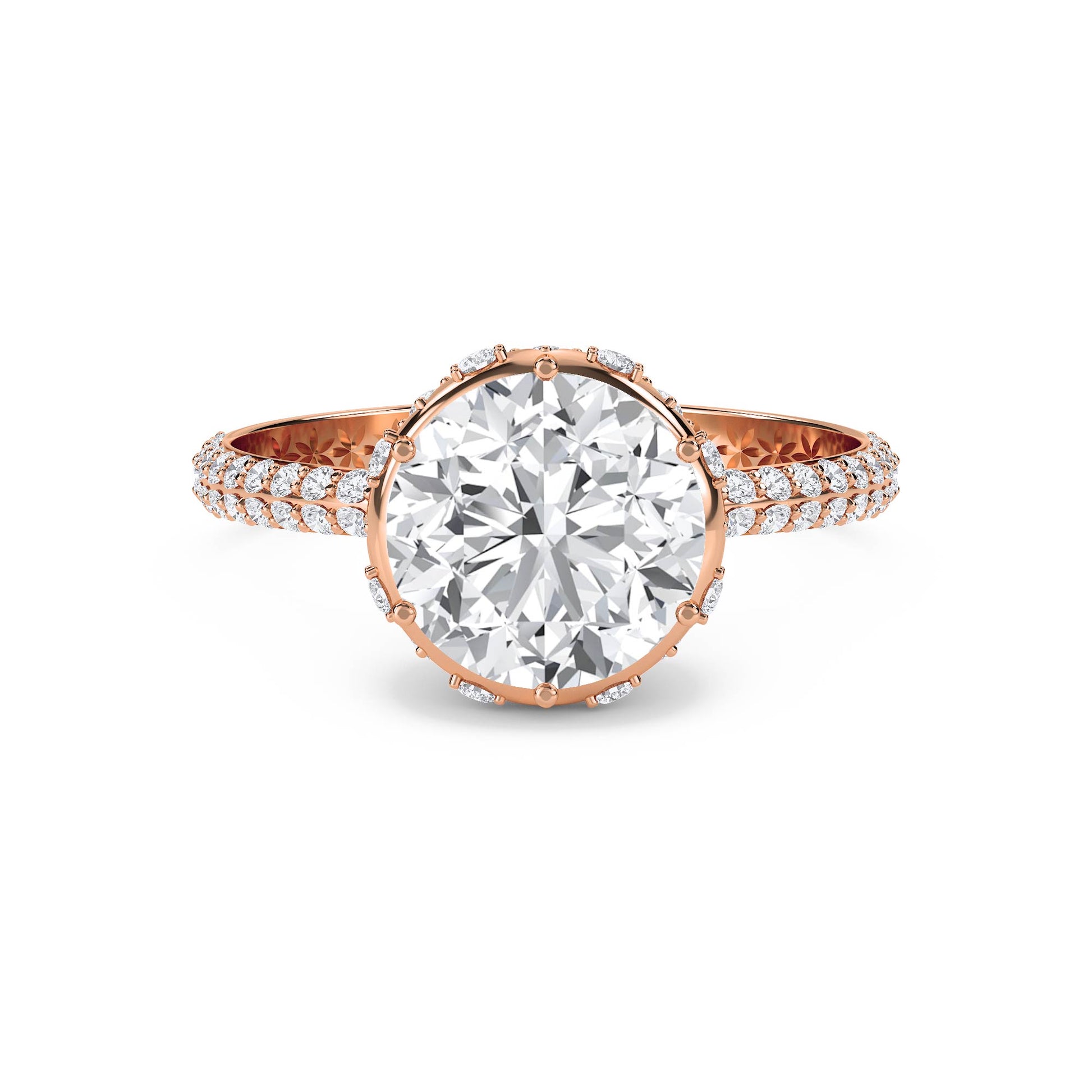 Round Diamond Halo Ring with Pavé Shank - Rose Gold - Pose 1