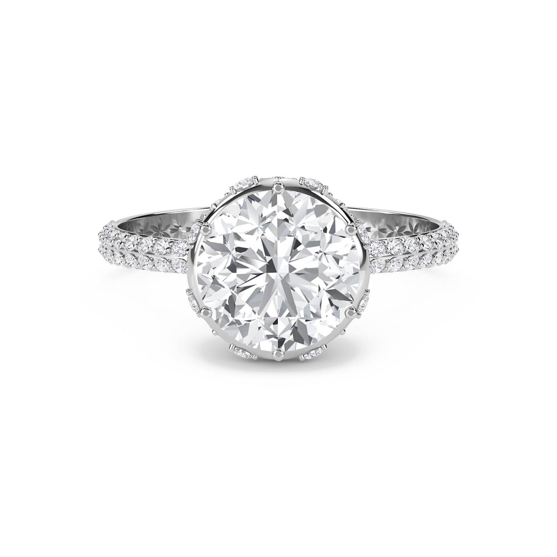 Round Diamond Halo Ring with Pavé Shank - White Gold - Pose 1