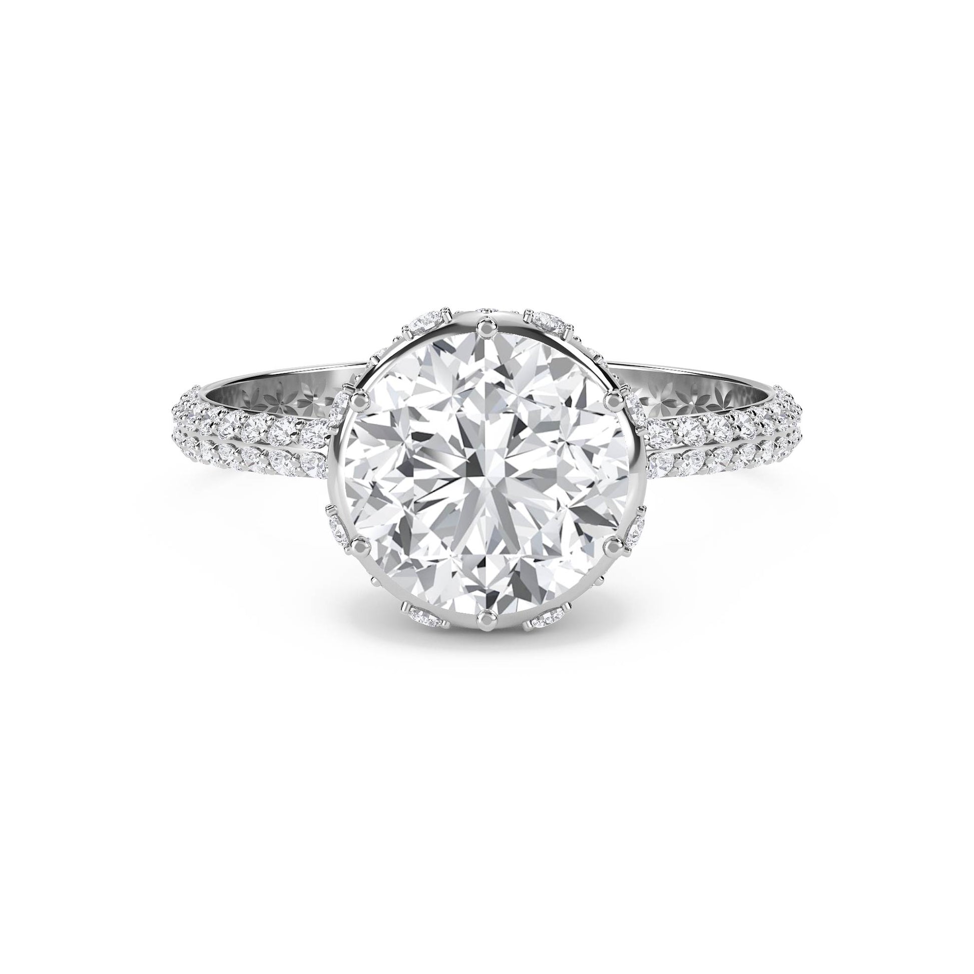 Round Diamond Halo Ring with Pavé Shank - White Gold - Pose 1