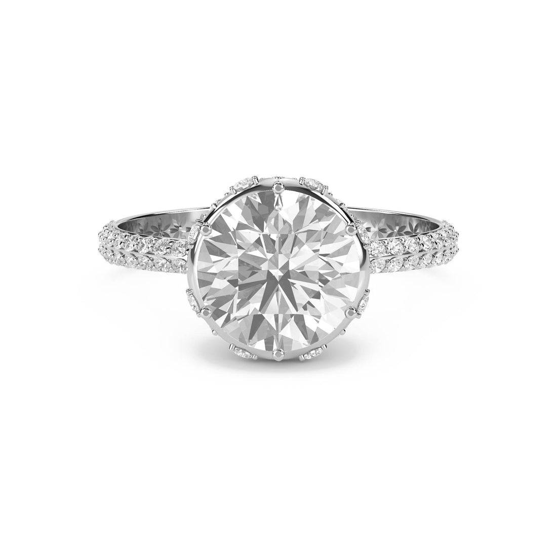 Round Diamond Halo Ring with Double Pavé Band (Silver) - image 1