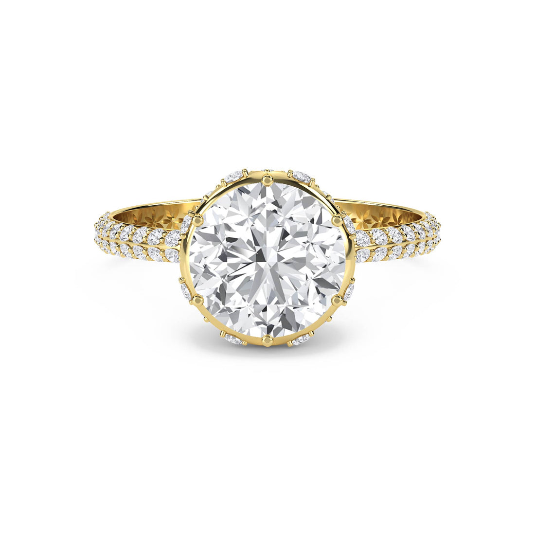 Round Diamond Halo Ring with Pavé Shank - Yellow Gold - Pose 1