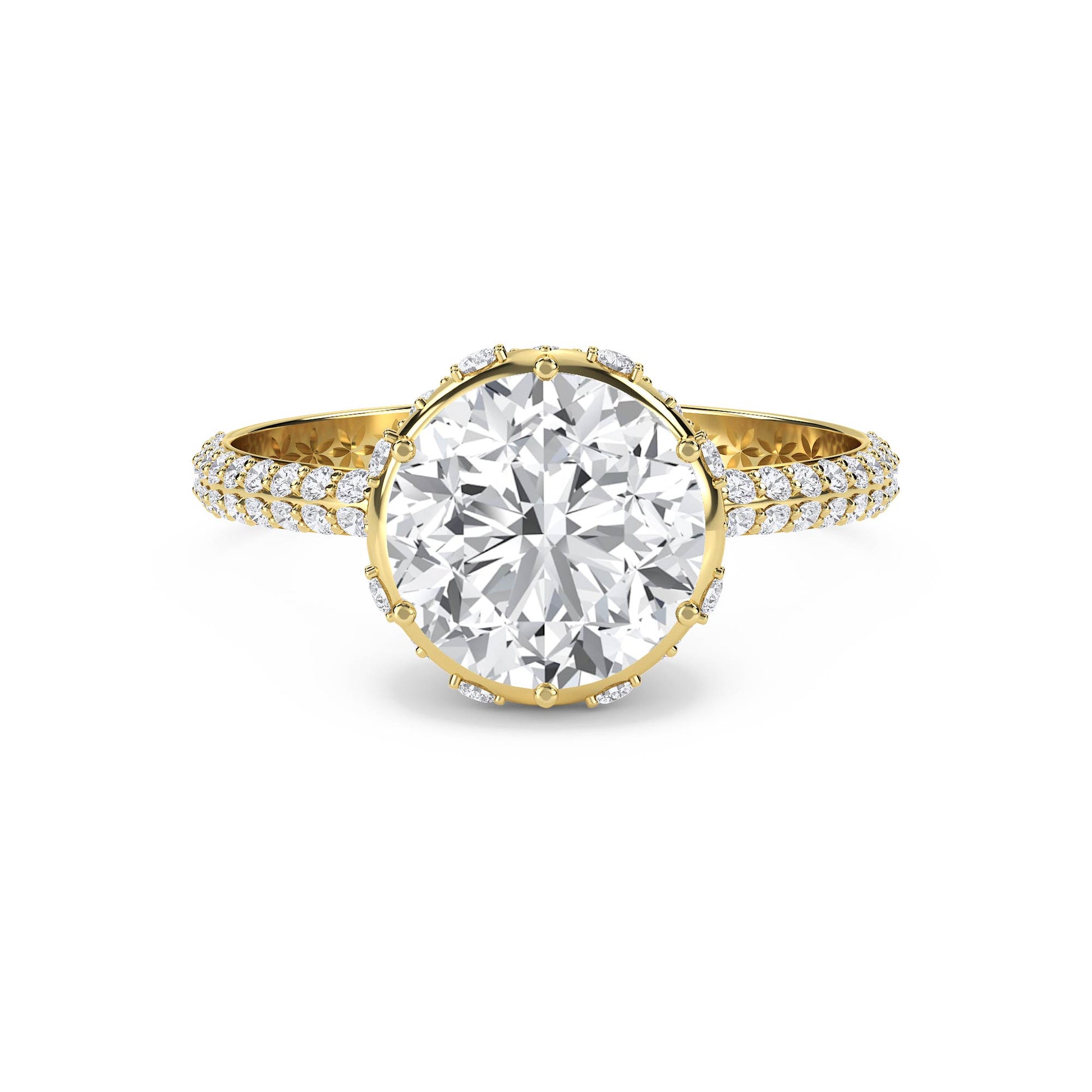 Round Diamond Halo Ring with Pavé Shank - Yellow Gold - Pose 1