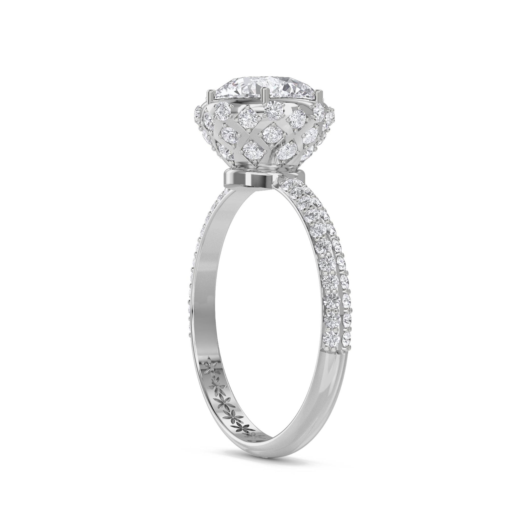 Round Diamond Halo Ring with Pavé Shank - White Gold - Pose 2