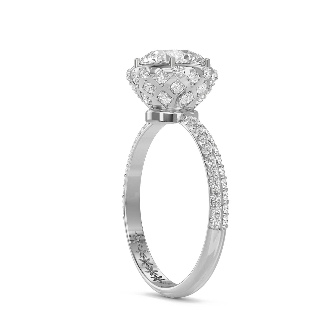 Round Diamond Halo Ring with Double Pavé Band (Silver) - image 1