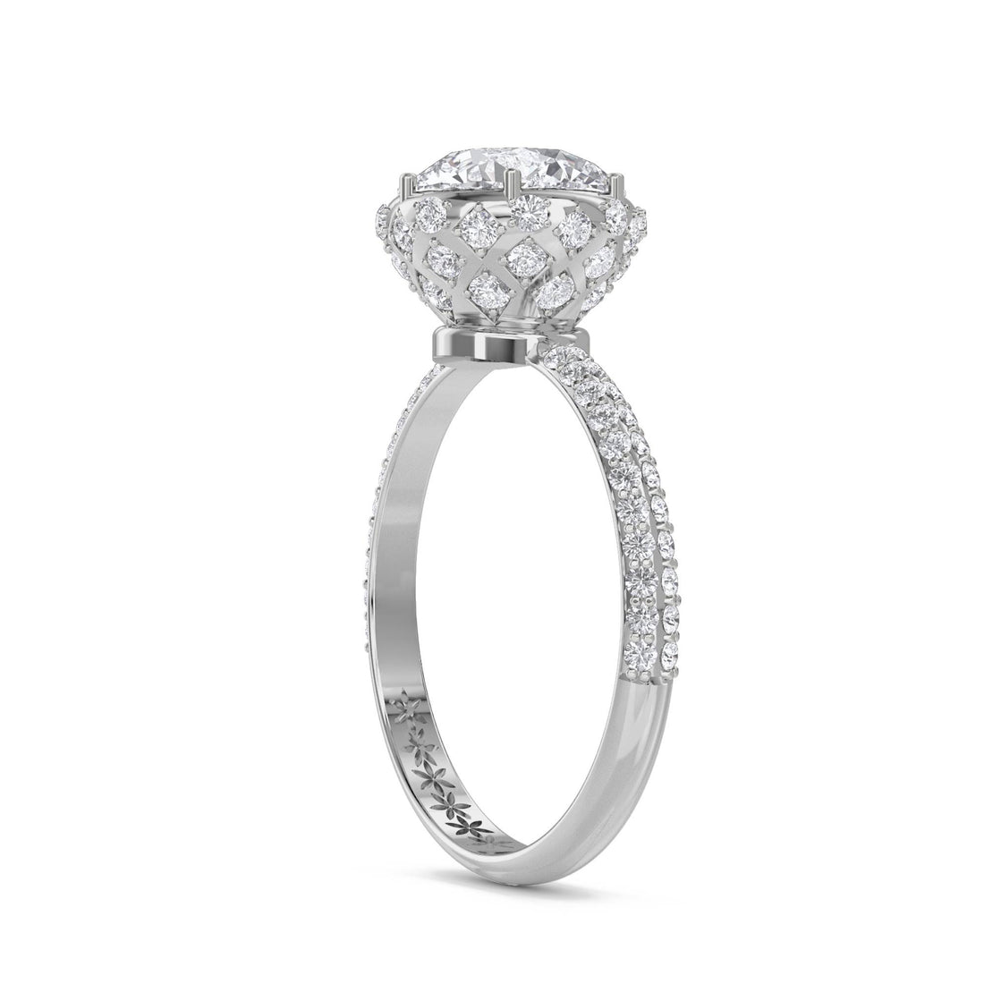 Round Diamond Halo Ring with Double Pavé Band (Silver)