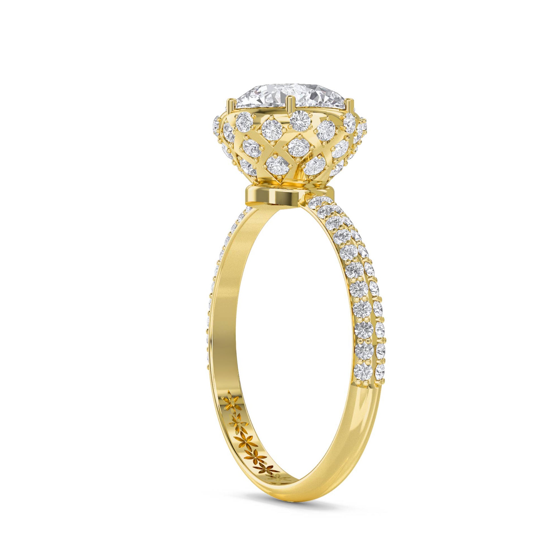 Round Diamond Halo Ring with Pavé Shank - Yellow Gold - Pose 2