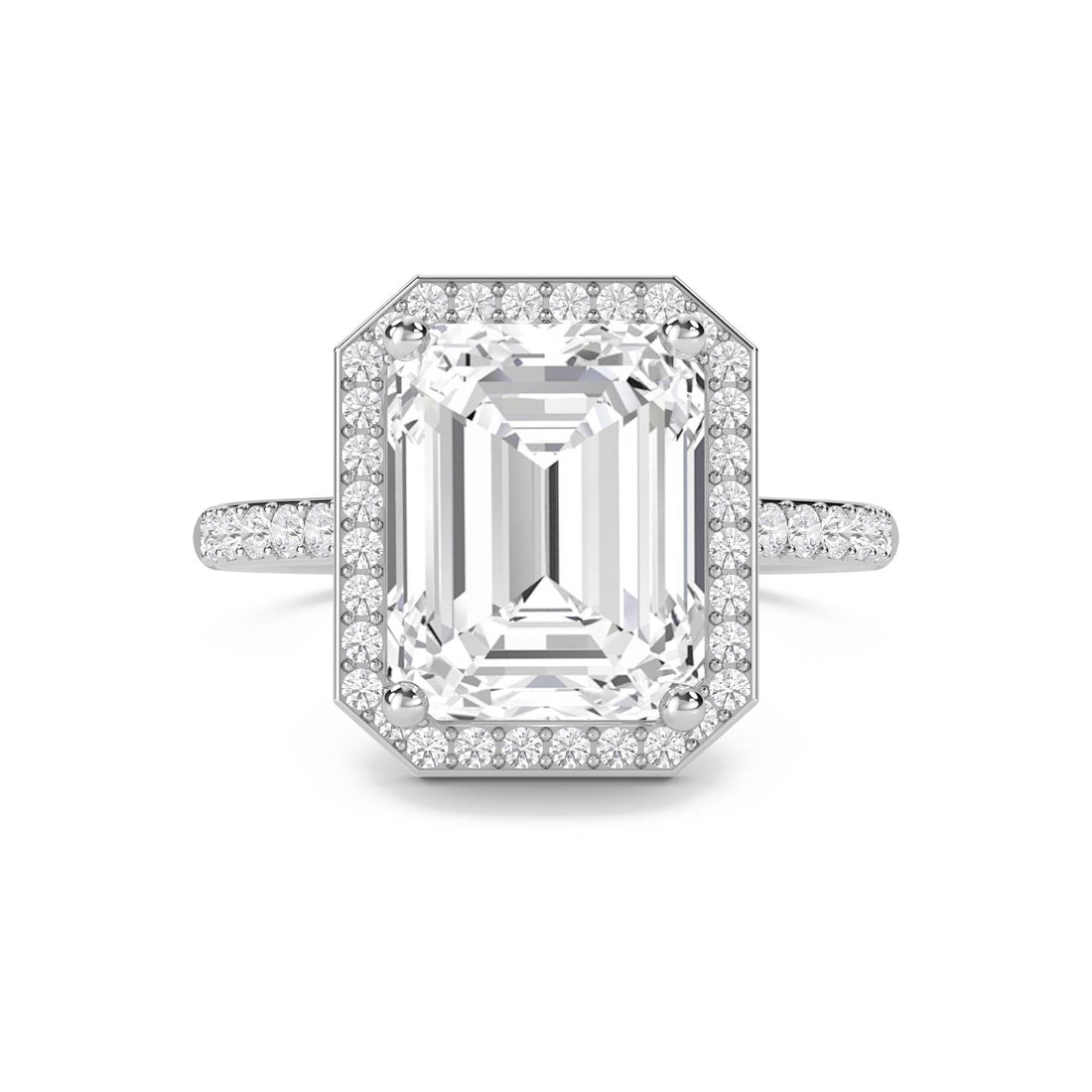 Emerald Cut Halo Pavé Band Lab Grown Diamond Ring (Silver)