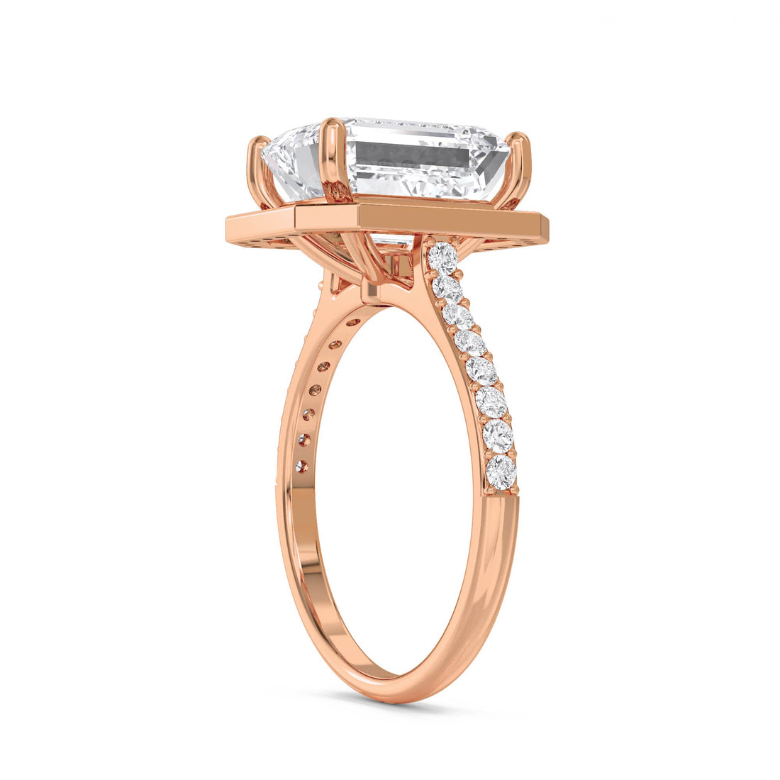 Emerald Cut Halo Pavé Band Lab Grown Diamond Ring