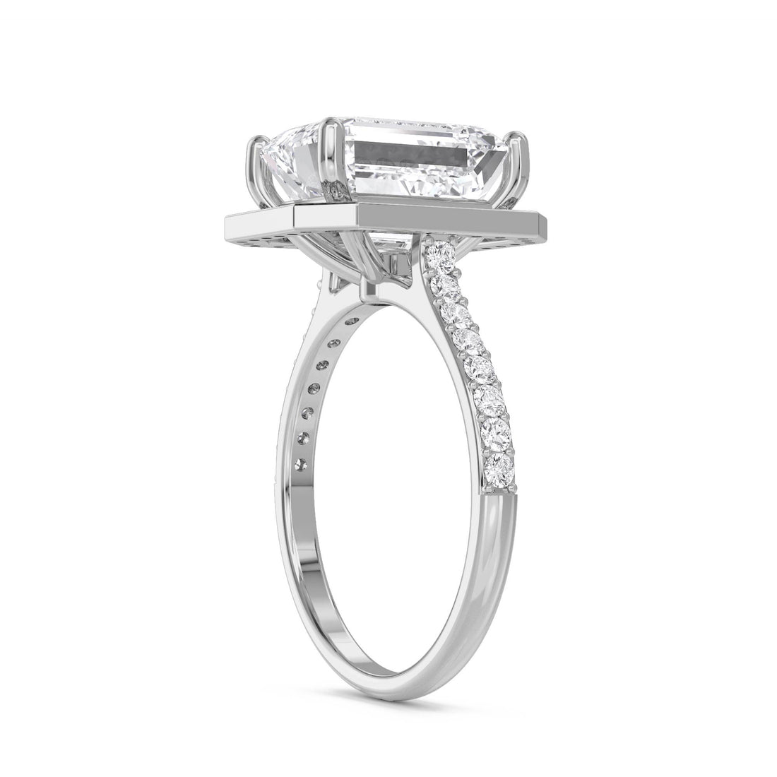 Emerald Cut Halo Pavé Band Lab Grown Diamond Ring (Silver)