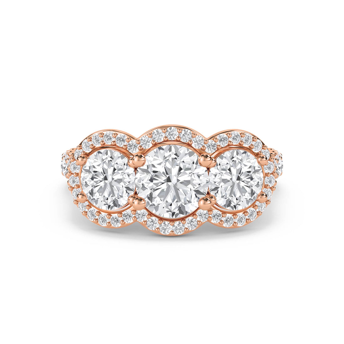 Three Stone Round Diamond Ring with Scalloped Halo - Rose Gold - Pose 1