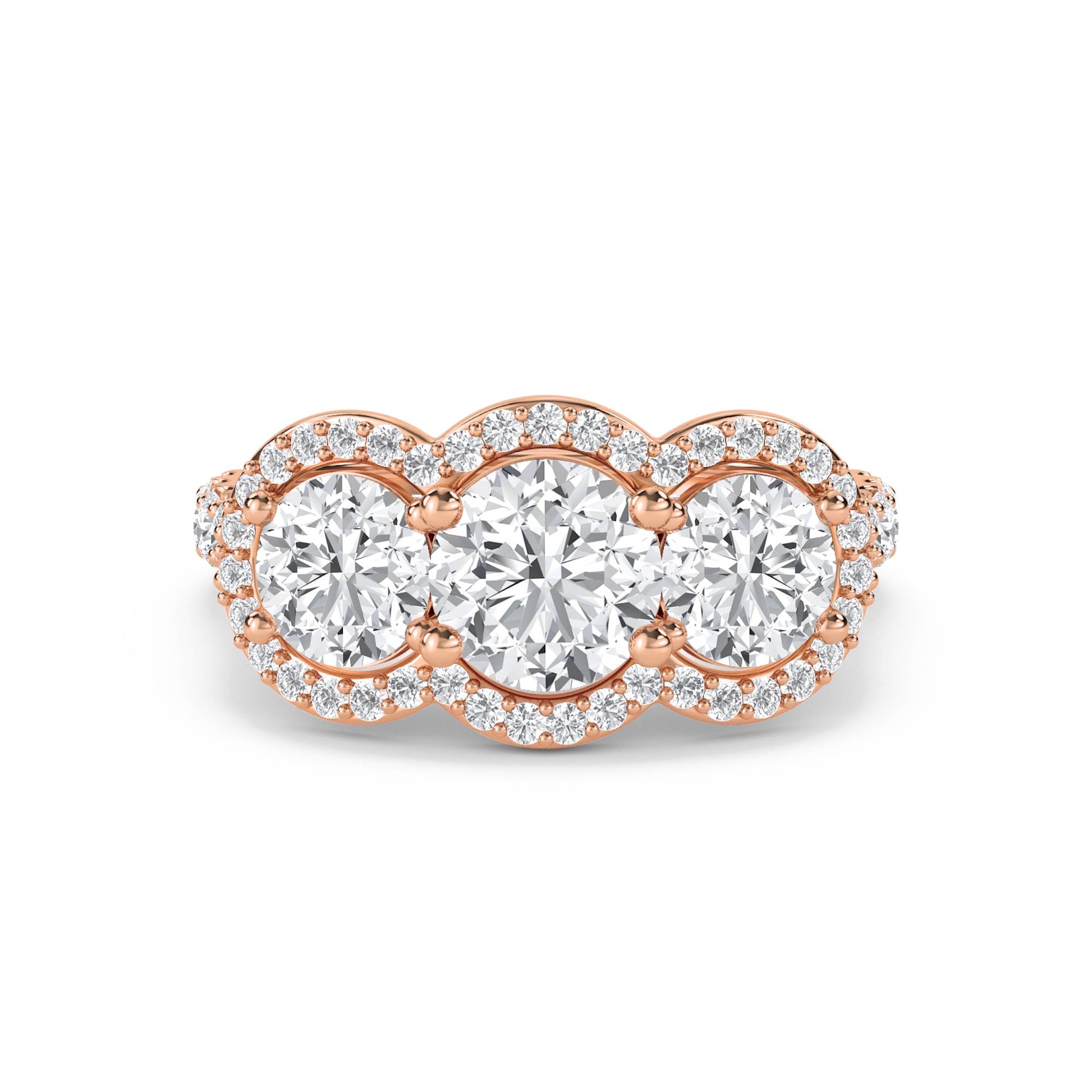 Three Stone Round Diamond Ring with Scalloped Halo - Rose Gold - Pose 1