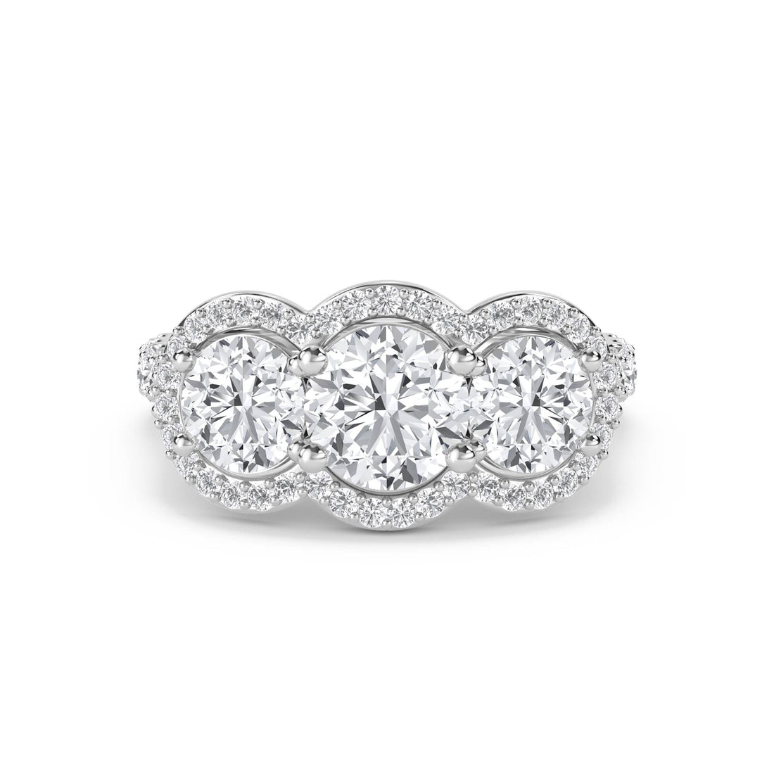Three Stone Round Diamond Ring with Scalloped Halo - White Gold - Pose 1