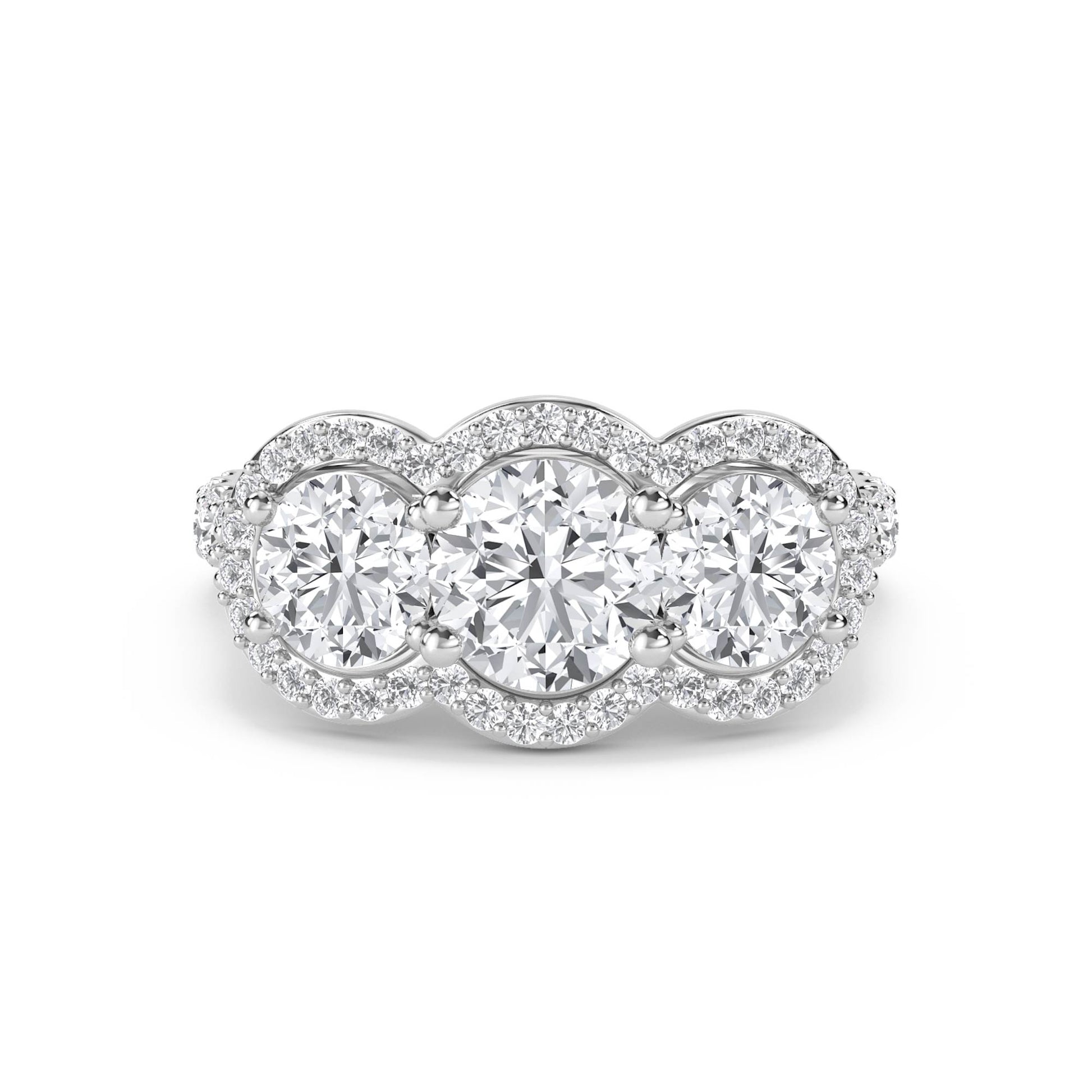 Three Stone Round Diamond Ring with Scalloped Halo - White Gold - Pose 1