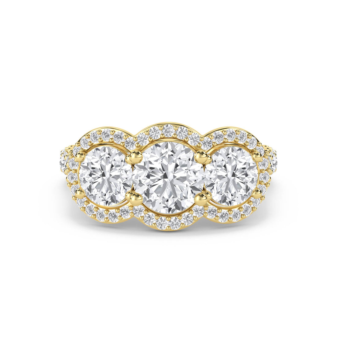 Three Stone Round Diamond Ring with Scalloped Halo - Yellow Gold - Pose 1