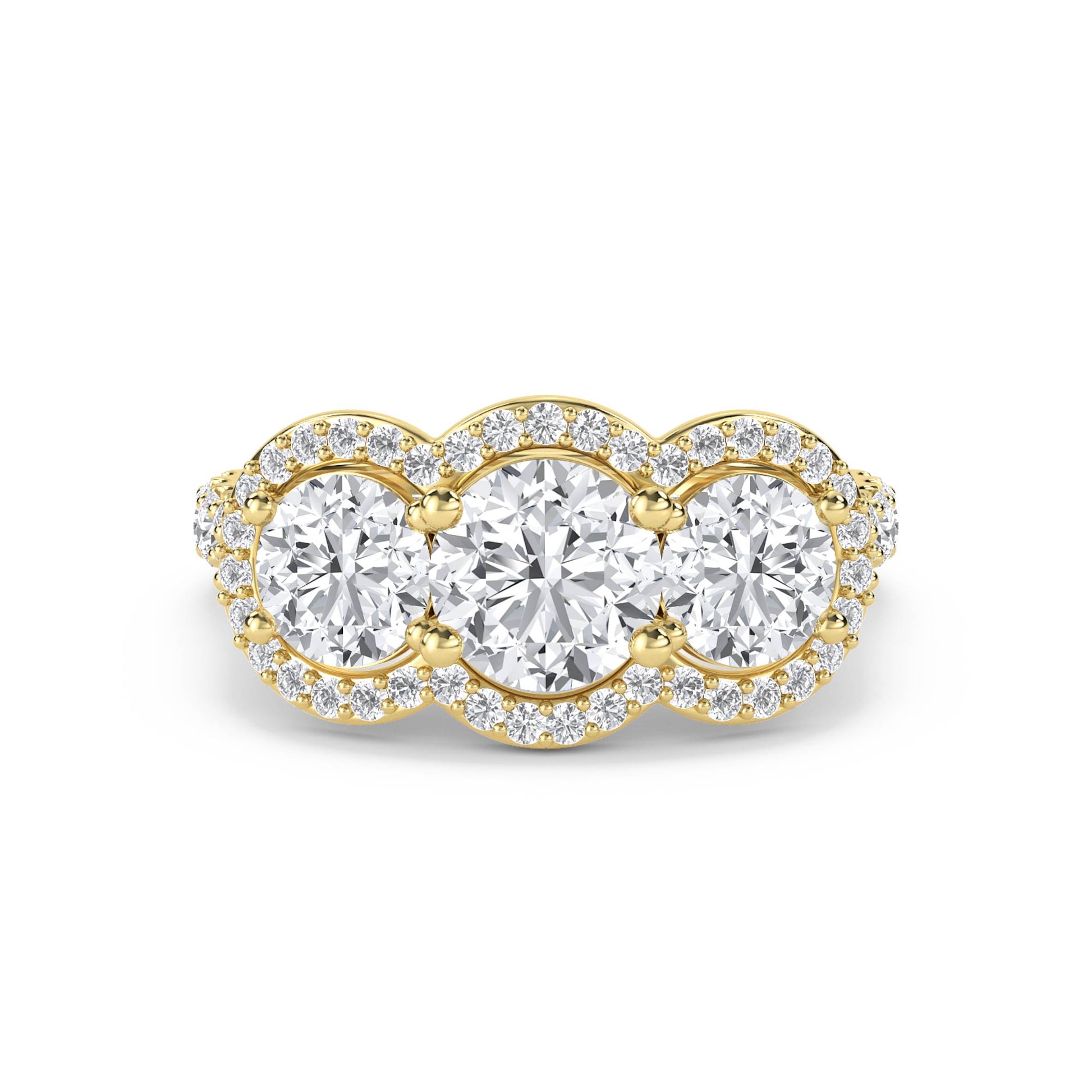 Three Stone Round Diamond Ring with Scalloped Halo - Yellow Gold - Pose 1