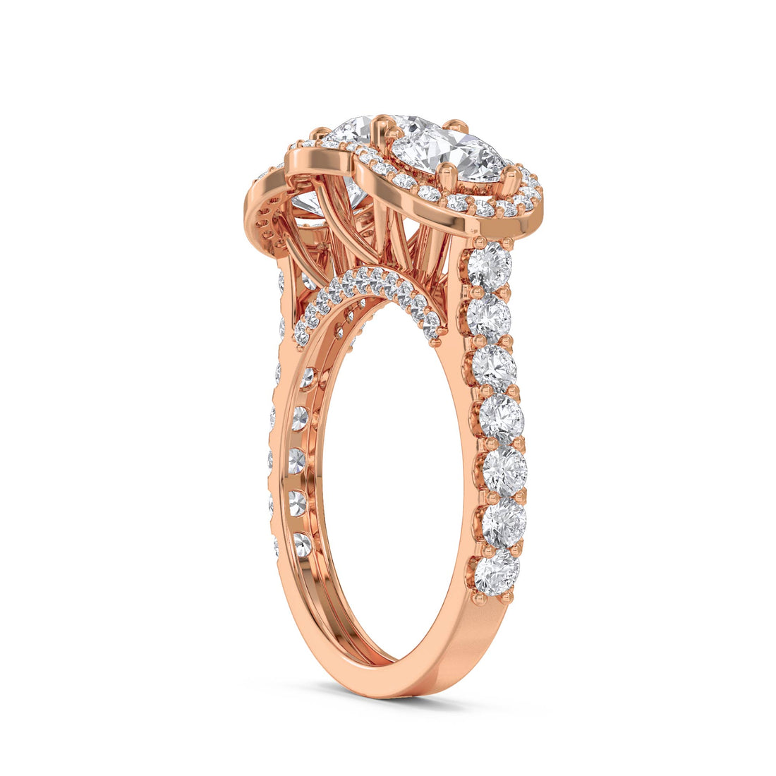 Three Stone Round Diamond Ring with Scalloped Halo - Rose Gold - Pose 2