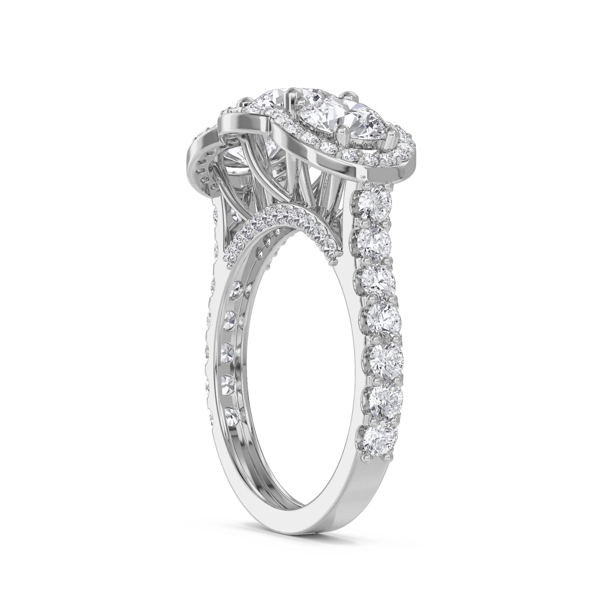 Three Stone Round Diamond Ring with Scalloped Halo - White Gold - Pose 2
